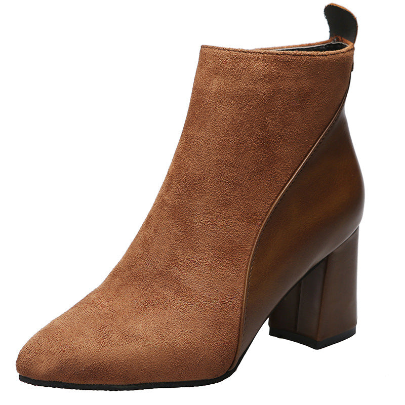 Suede Paneled Pointed-Toe Chunky Heel Boots with Side Zipper