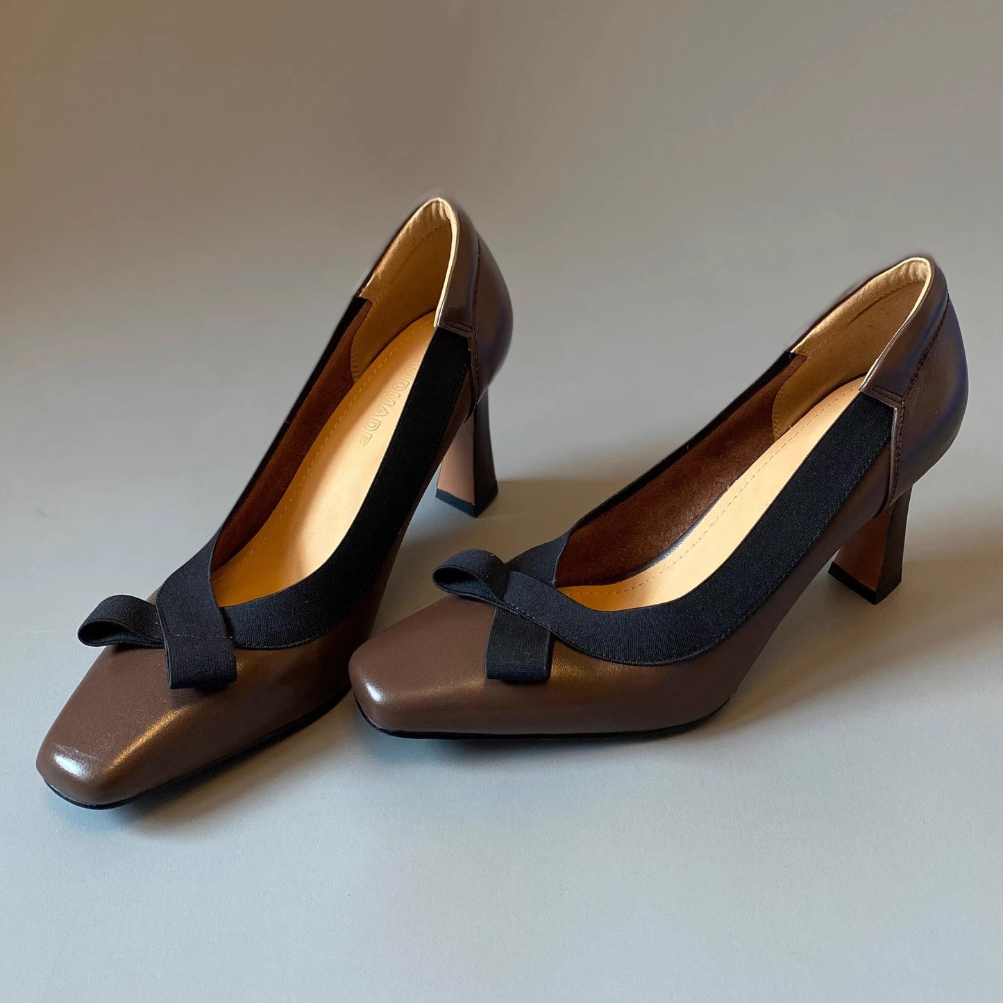 Luna Grace Sheepskin Bow Square-Toe Block Heel Pumps