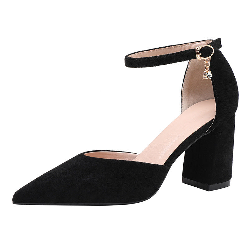 Womens pointed-toe suede chunky heel pumps with buckle strap