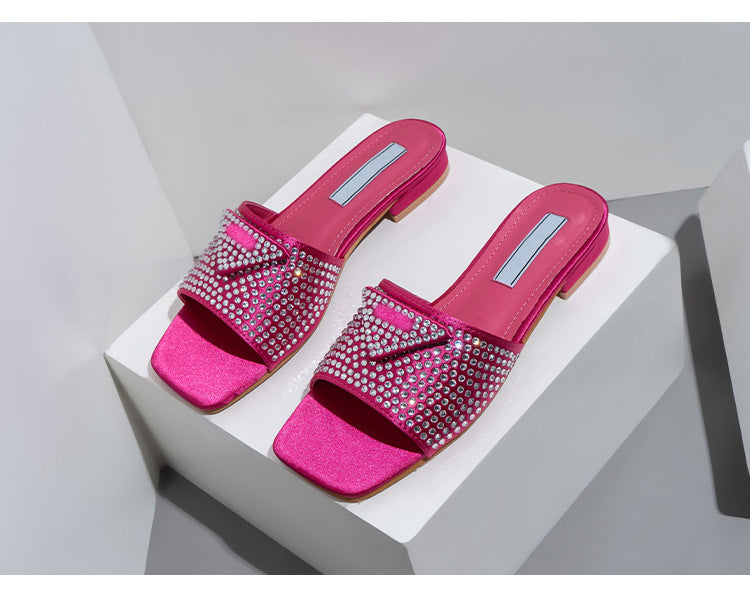 Rhinestone Triangle Label Womens Flat Slide Slippers