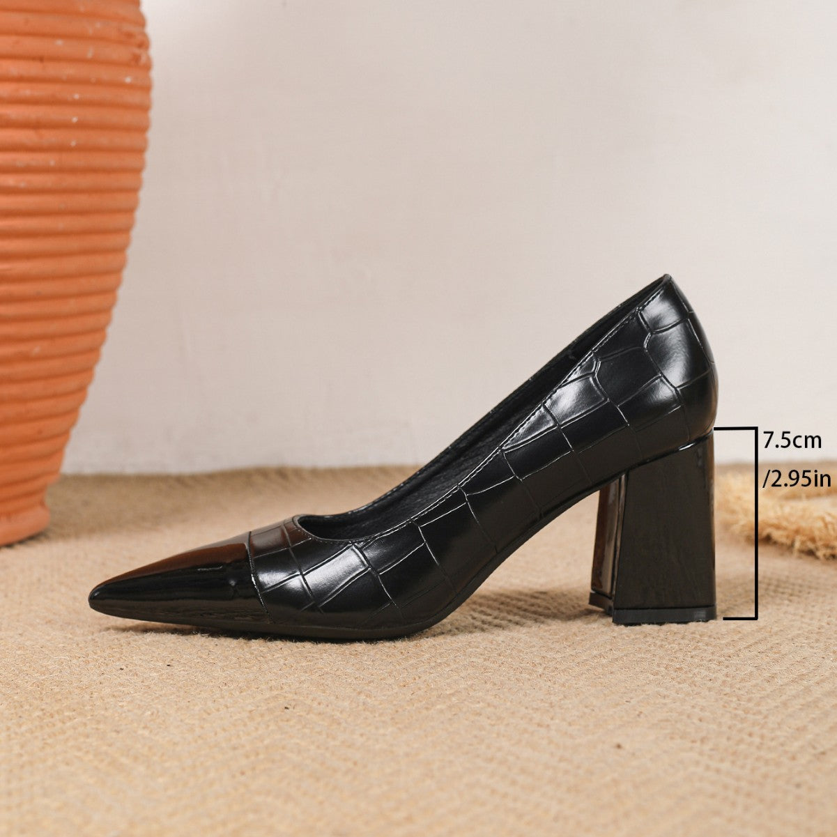 Black stone-pattern work heels, thick heel