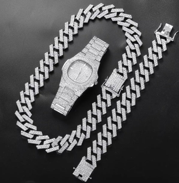 Men's hip hop watch, necklace, and bracelet set.