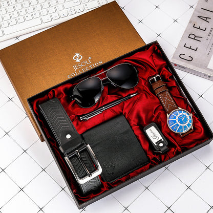 Men’s Gift Set – Quartz Watch, Belt, Wallet, Glasses & Keychain Combo