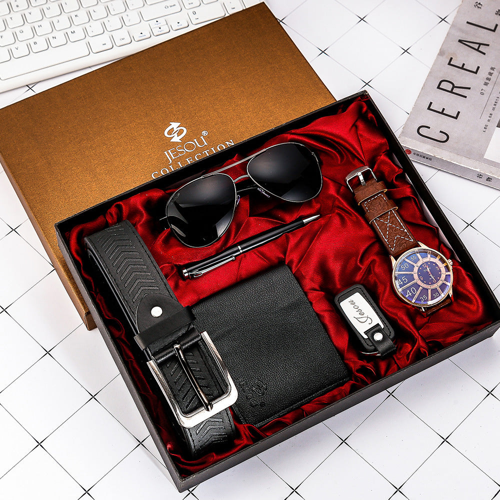 Men’s Gift Set – Quartz Watch, Belt, Wallet, Glasses & Keychain Combo