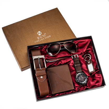 Men’s Gift Set – Quartz Watch, Belt, Wallet, Glasses & Keychain Combo