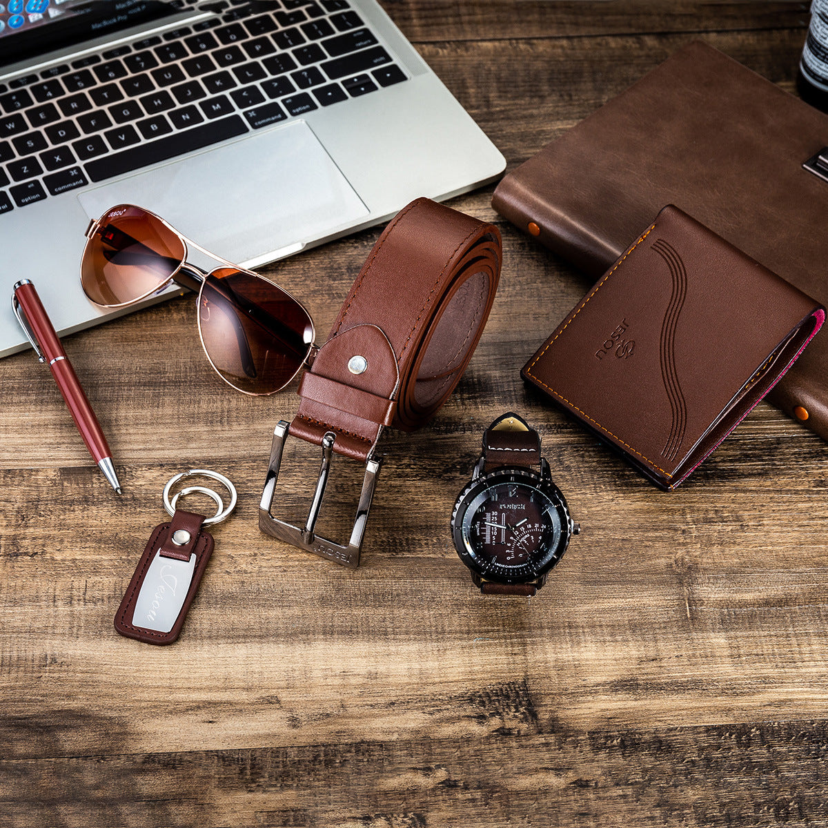 Men’s Gift Set – Quartz Watch, Belt, Wallet, Glasses & Keychain Combo