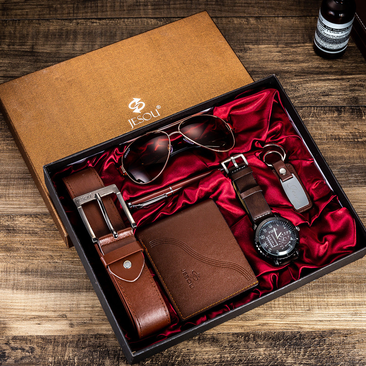 Men’s Gift Set – Quartz Watch, Belt, Wallet, Glasses & Keychain Combo