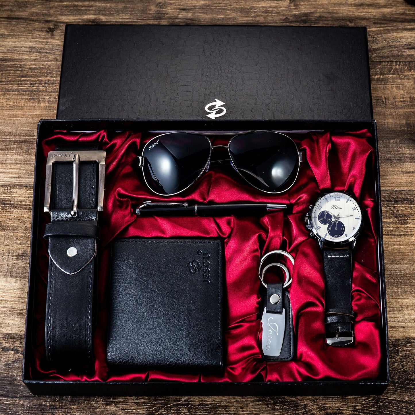 Men’s Gift Set – Quartz Watch, Belt, Wallet, Glasses & Keychain Combo