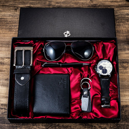 Men’s Gift Set – Quartz Watch, Belt, Wallet, Glasses & Keychain Combo