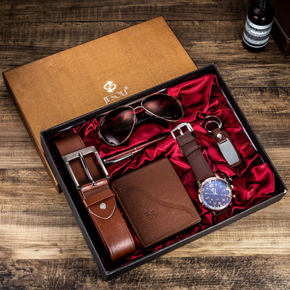 Men’s Gift Set – Quartz Watch, Belt, Wallet, Glasses & Keychain Combo