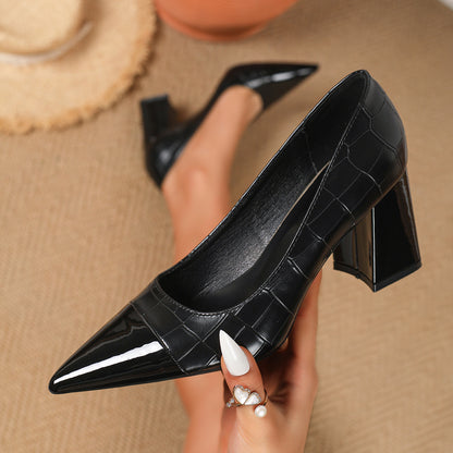 Black stone-pattern work heels, thick heel