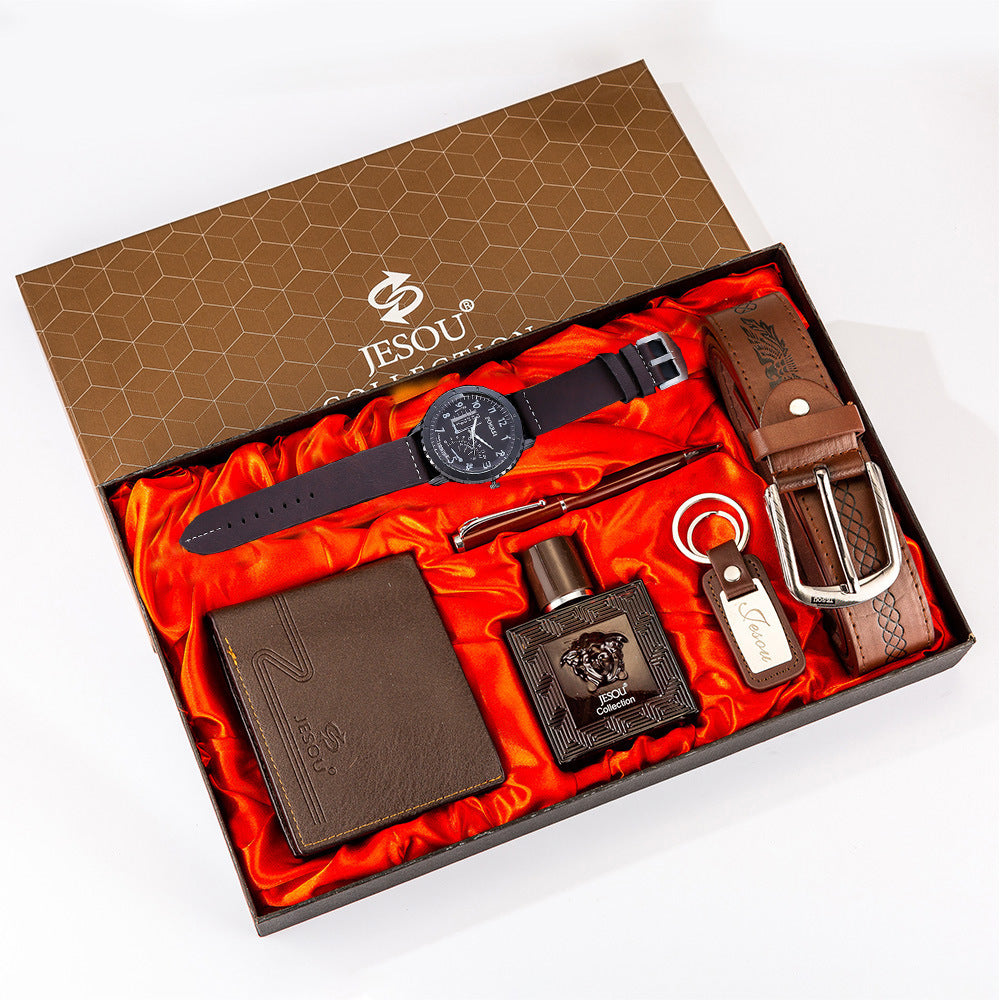Men's Gift Set Beautiful Packaging Watch + Leather Tie Belt Wallet Simple Combo Set - 6pes set