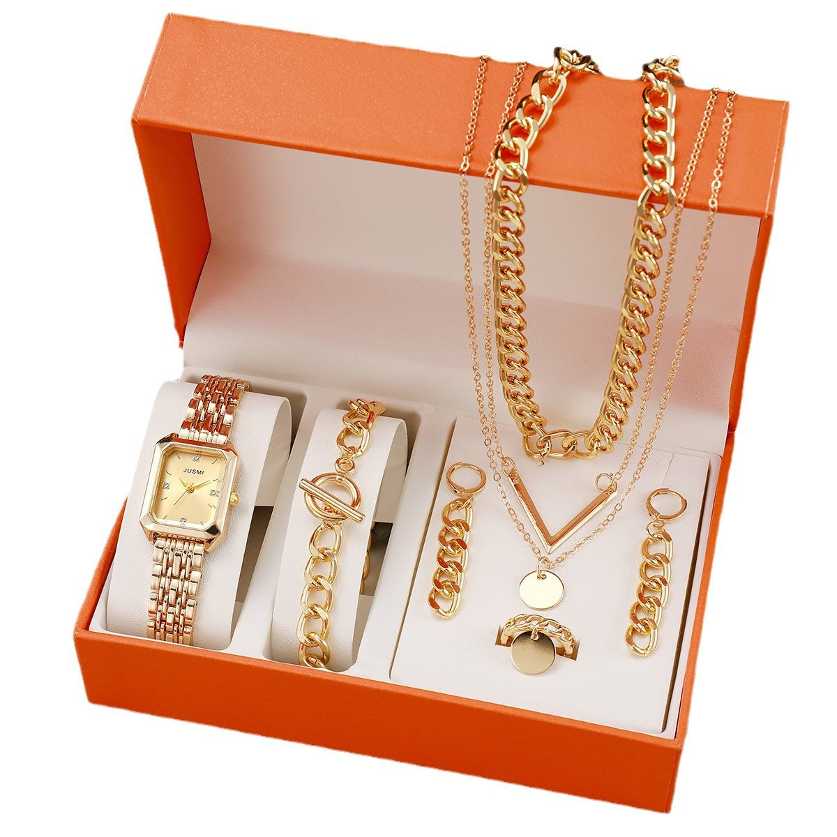 Fashion Square Bracelet, Watch, Multi-Layered Necklace, Sweater Chain Box Set