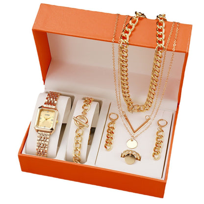 Fashion Square Bracelet, Watch, Multi-Layered Necklace, Sweater Chain Box Set