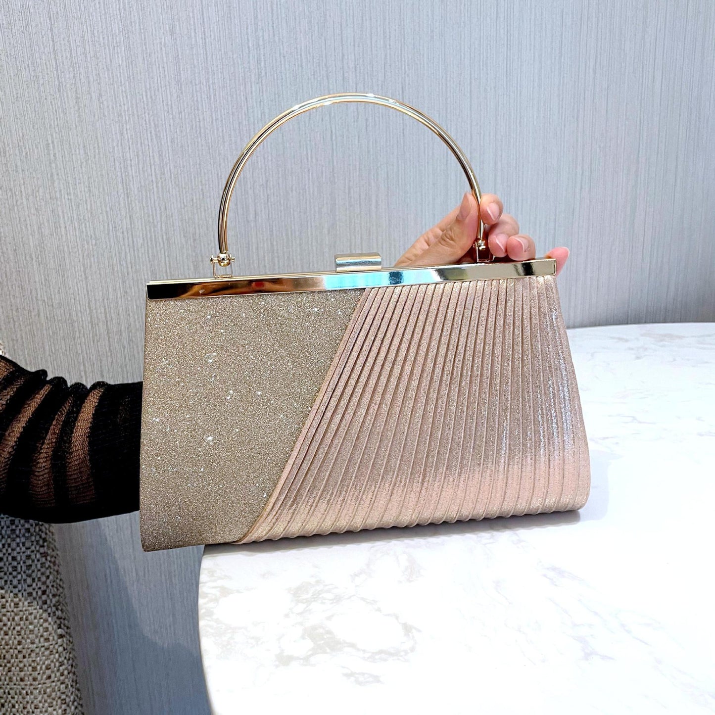Pleated Shiny Evening Clutch Bag – Women’s Banquet & Party Crossbody Handbag