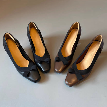 Luna Grace  Sheepskin Bow Square-Toe Block Heel Pumps