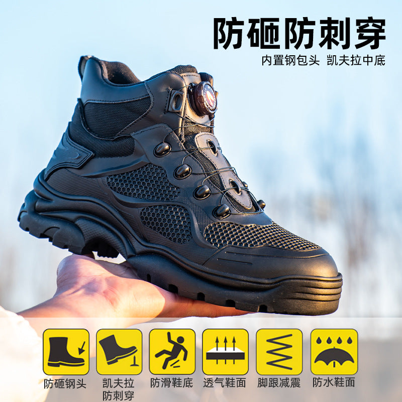 Steel-toe work boots, Kevlar sole, button close