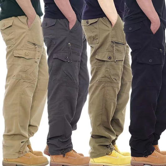 Men's loose-fit cargo work pants, wear-resistant, multiple pockets.