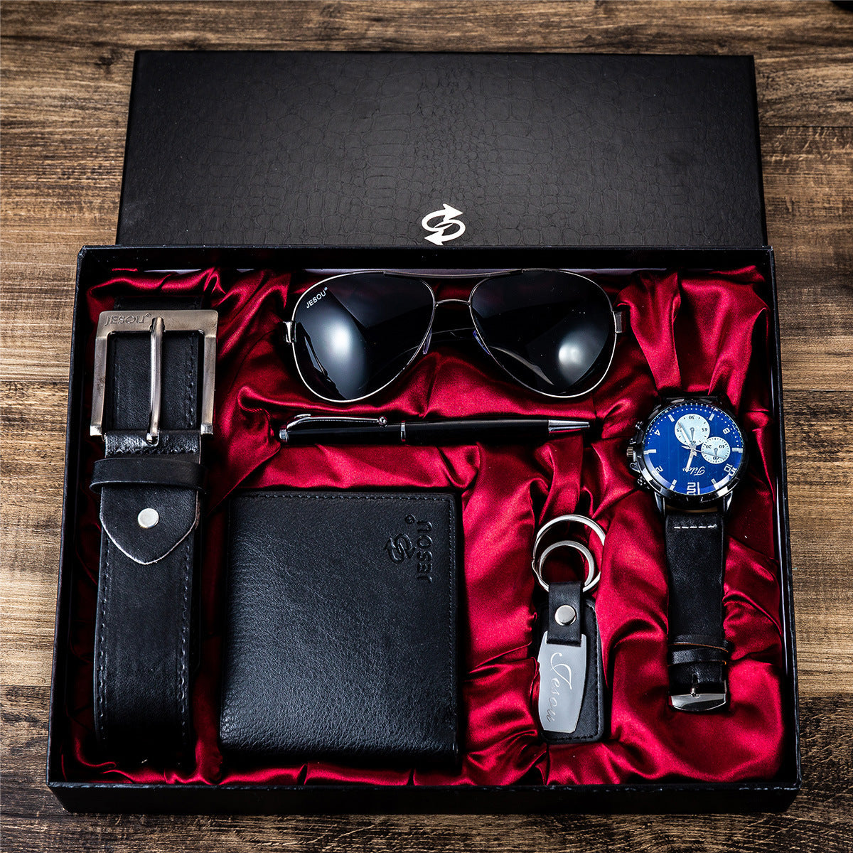 Men’s Gift Set – Quartz Watch, Belt, Wallet, Glasses & Keychain Combo