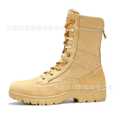 Men's brown waterproof leather high-top side-zip combat boots