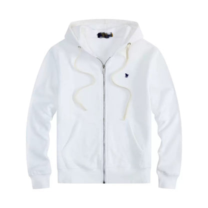 Men's fleece-lined, long-sleeve polo sweatshirt. Pony embroidery