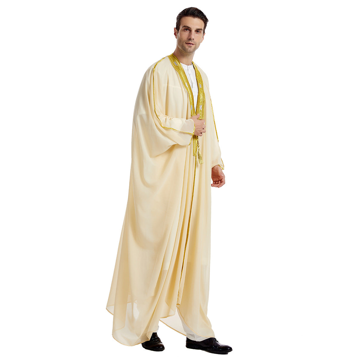 Mens Arabic Embroidered Long Robe  Gold Bead Chiffon