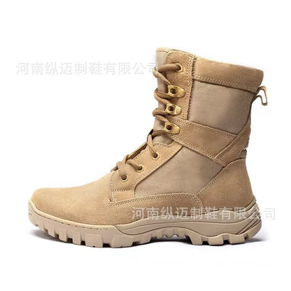Men's brown waterproof leather high-top side-zip combat boots