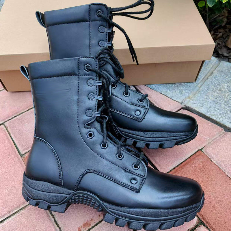 Men's brown waterproof leather high-top side-zip combat boots