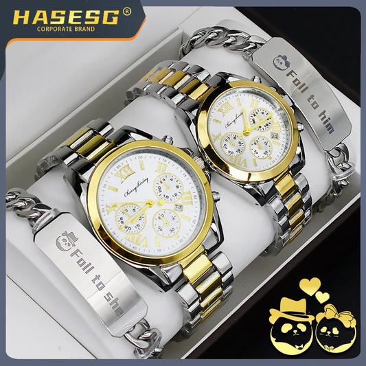 Couples pair stainless steel bracelet & watch set