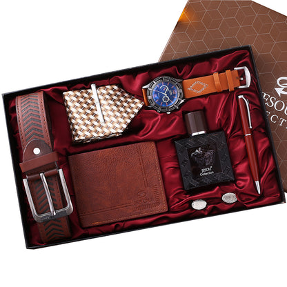 Men's Practical Quartz Watch Wallet Tie + Belt Perfume Practical Gift Business Set