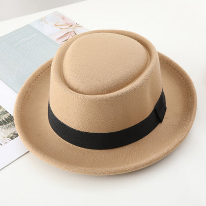 Black ribbon top hat, curved brim jazz hat.