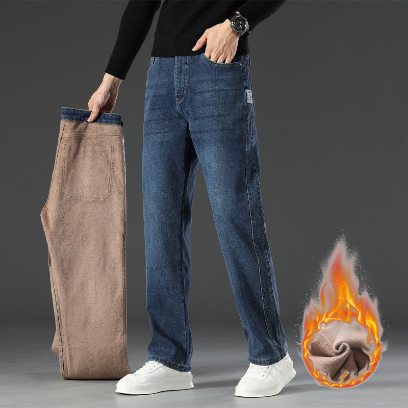 High-End Fleece-Lined Loose Straight Jeans