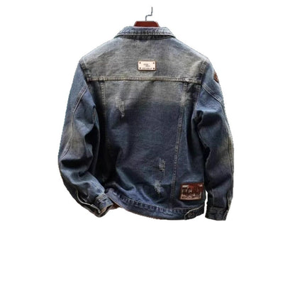 Mens Retro Embroidered Denim Cargo Jacket