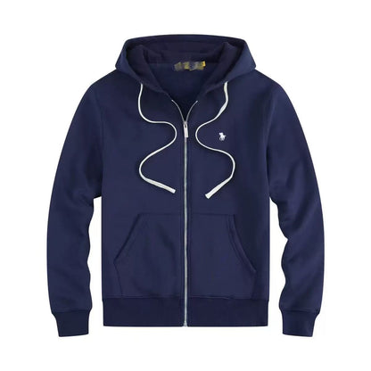 Men's fleece-lined, long-sleeve polo sweatshirt. Pony embroidery