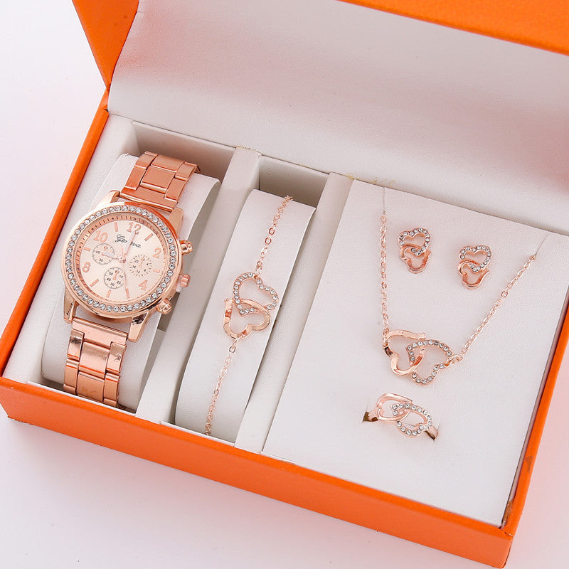 5-piece steel band women's casual Korean watch set with faux Gift set