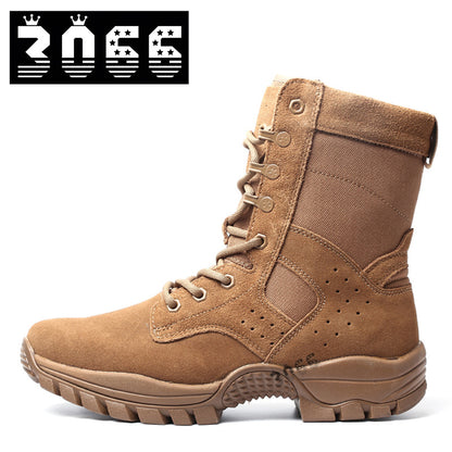 Men's brown waterproof leather high-top side-zip combat boots