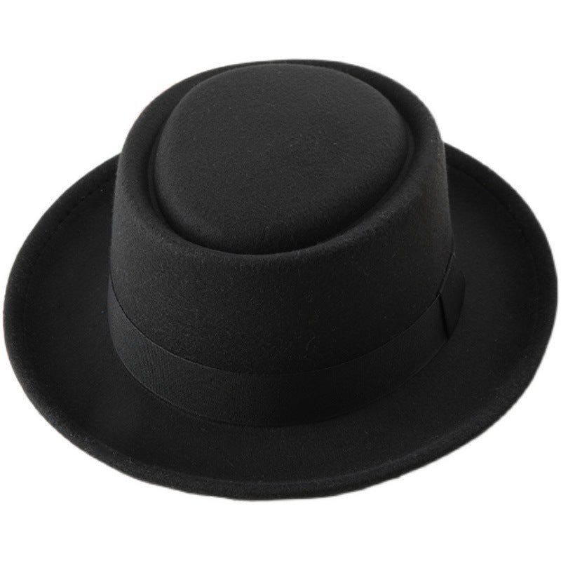 Black ribbon top hat, curved brim jazz hat.