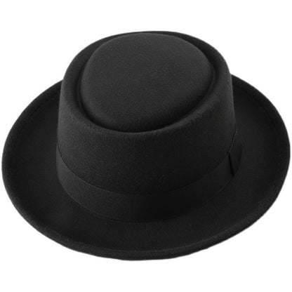 Black ribbon top hat, curved brim jazz hat.