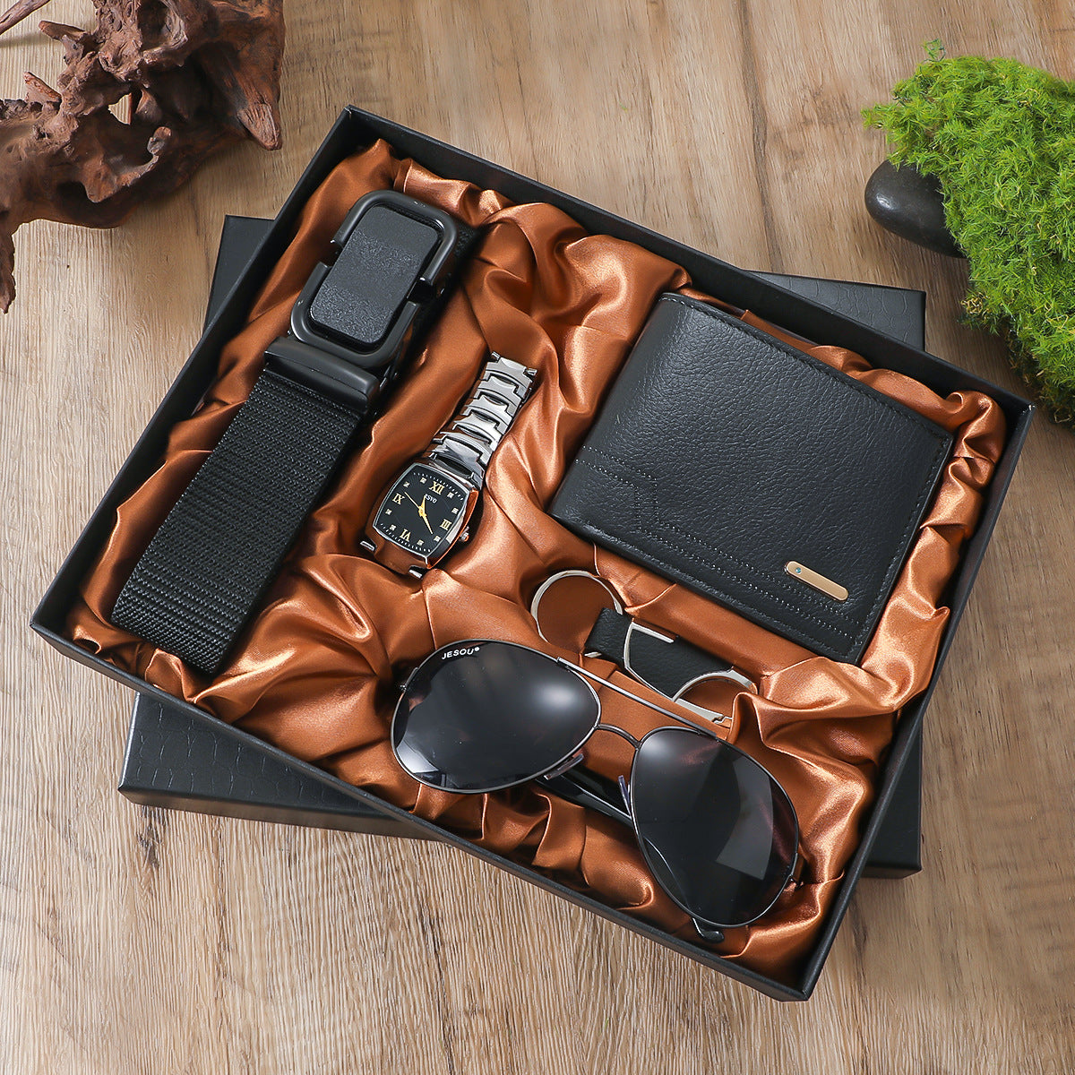 Men’s Gift Set – Quartz Watch, Belt, Wallet, Glasses & Keychain Combo