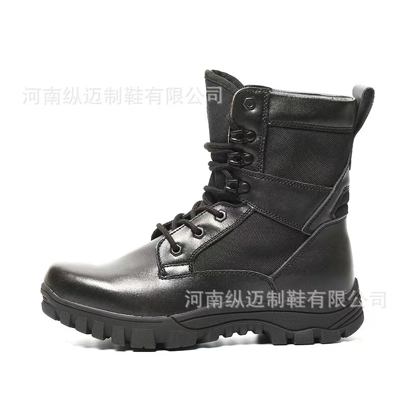 Men's brown waterproof leather high-top side-zip combat boots