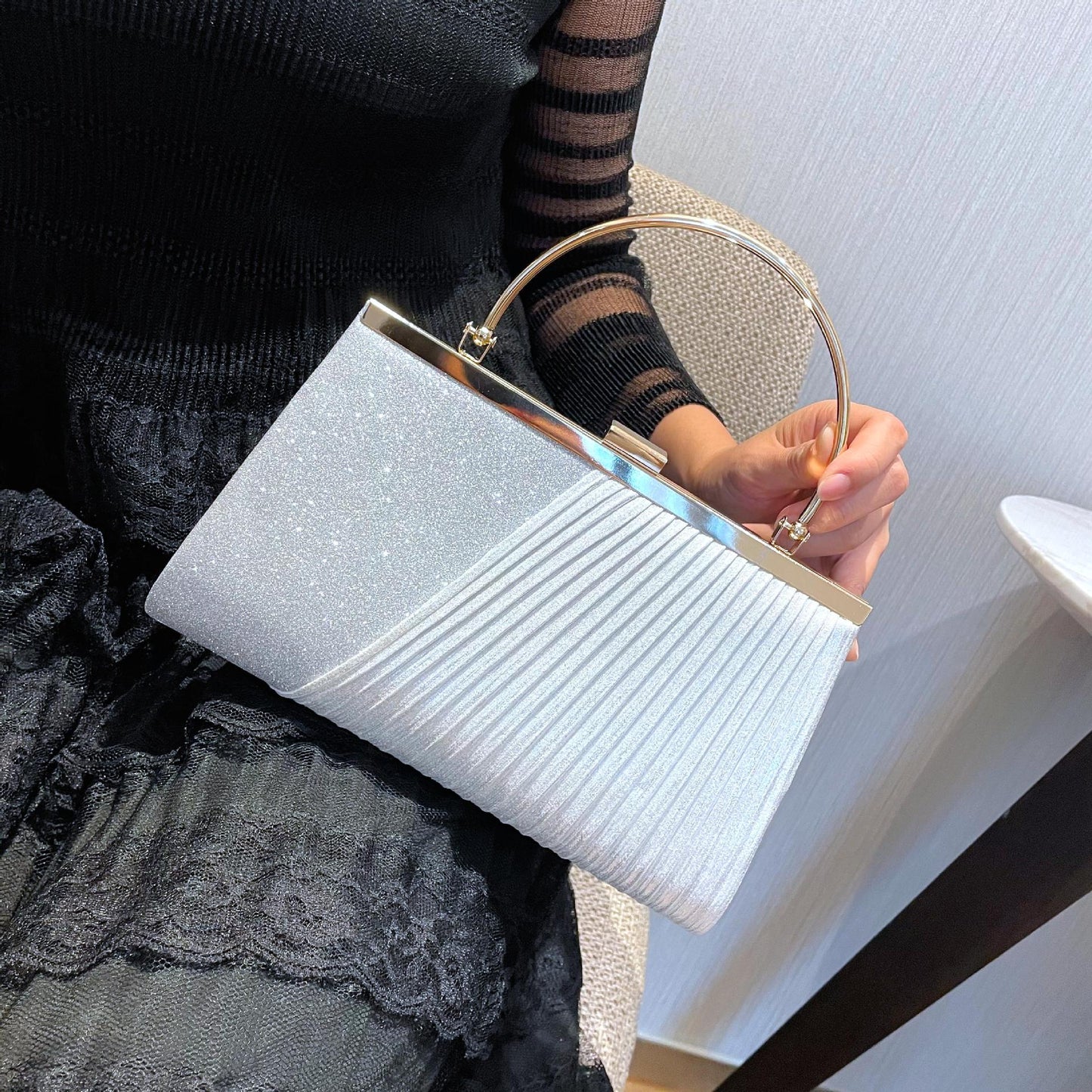 Pleated Shiny Evening Clutch Bag – Women’s Banquet & Party Crossbody Handbag