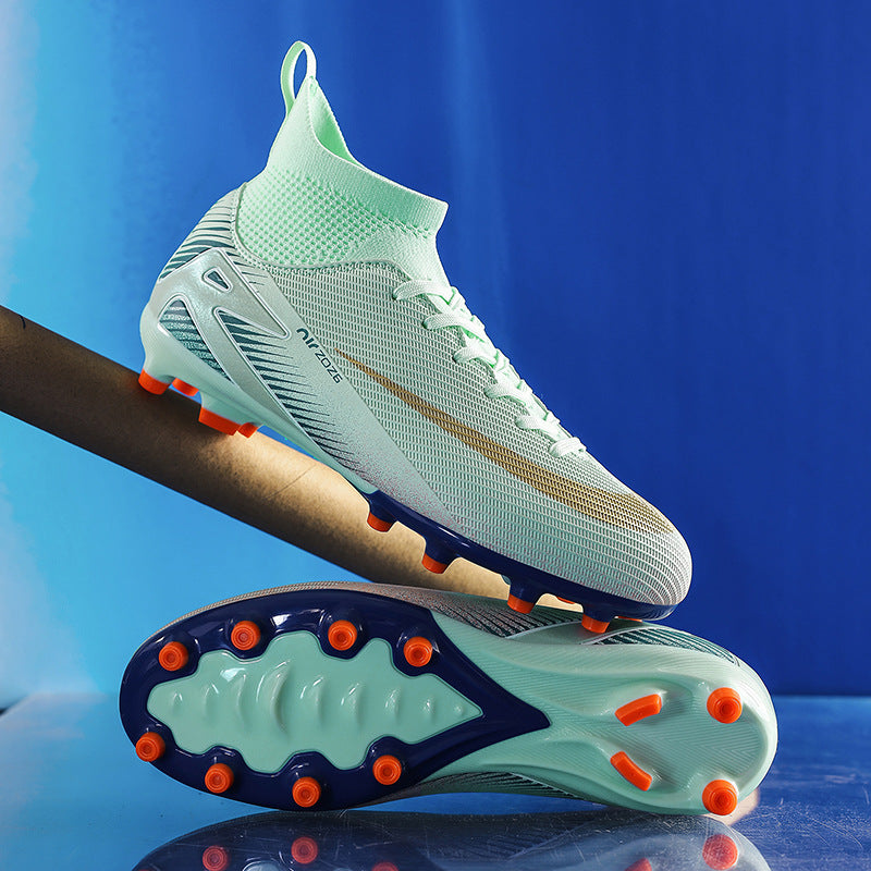 Unisex high top soccer cleats for pro outdoor grass training with AG spikes.