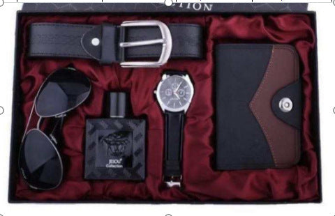 Men’s Gift Set – Quartz Watch, Belt, Wallet, Glasses & Keychain Combo