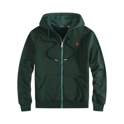 Men's fleece-lined, long-sleeve polo sweatshirt. Pony embroidery