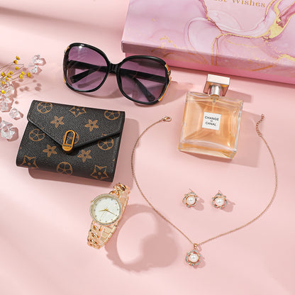 Women's Fashion Casual Quartz Watch + Necklace + Glasses + Wallet + Earrings Gift Set