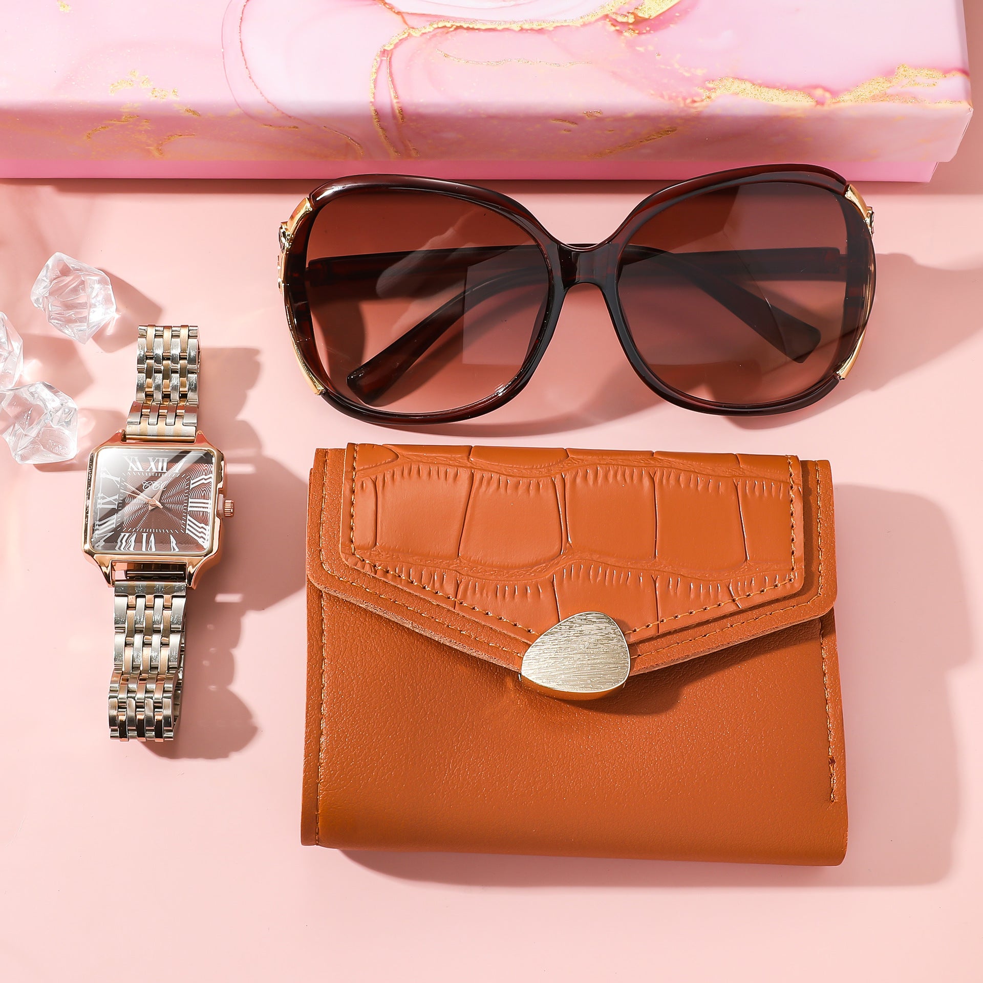Gifting Options: Women's Brown Purse, Steel Strap, Roman Numerals, Surface, Watch, Sunglasses, Gift Box Set of Three