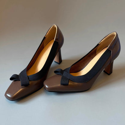 Luna Grace  Sheepskin Bow Square-Toe Block Heel Pumps