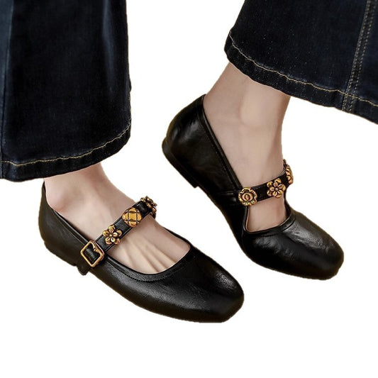French Retro Leather Mary Jane Flats