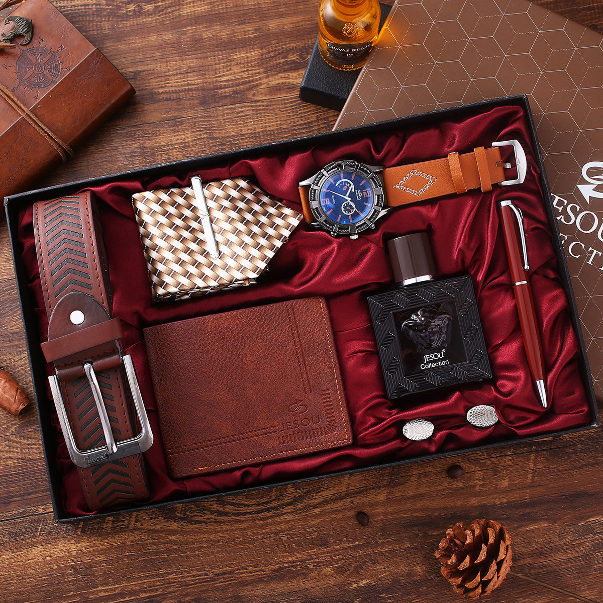 Men's Practical Quartz Watch Wallet Tie + Belt Perfume Practical Gift Business Set