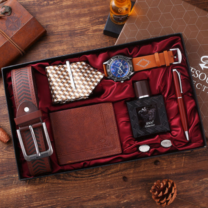 Men's Practical Quartz Watch Wallet Tie + Belt Perfume Practical Gift Business Set